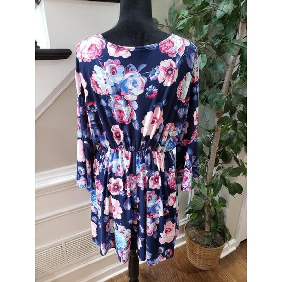 B Famous Women's Blue Floral Polyester V-Neck Long Sleeve Knee Length Dress 1X - Picture 7 of 11